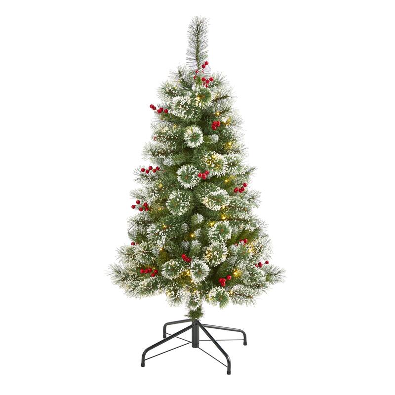 4’ Pre-Lit Frosted Swiss Pine with Berries Artificial Christmas Tree, Clear LED Lights - 4 Foot