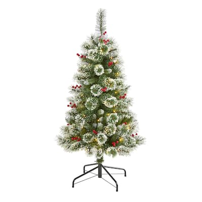 4’ Pre-Lit Frosted Swiss Pine with Berries Artificial Christmas Tree, Clear LED Lights - 4 Foot