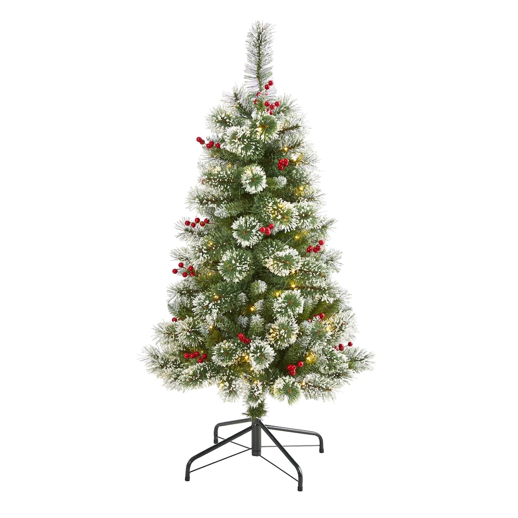 4’ Pre-Lit Frosted Swiss Pine with Berries Artificial Christmas Tree, Clear LED Lights - 4 Foot