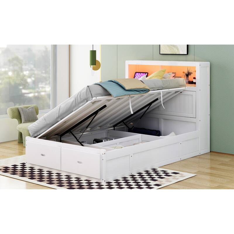 Full Size Hydraulic Platform Bed with Storage, LED Headboard, Charging Station, and 2 Drawers in White