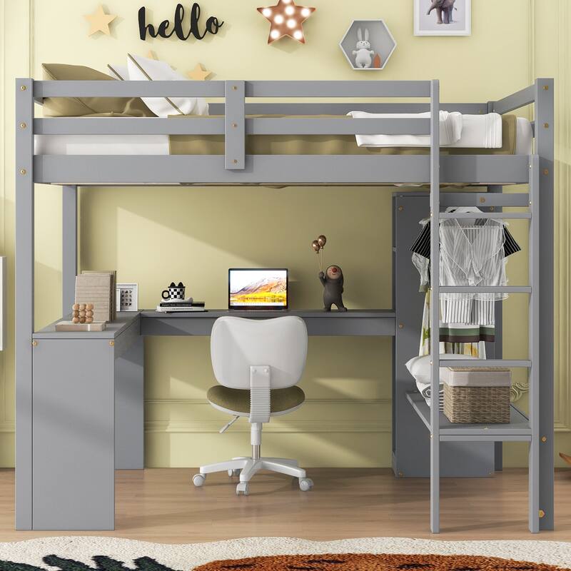 MERAX Loft Bed with L-shaped Desk, Wardrobe and Storage Shelves