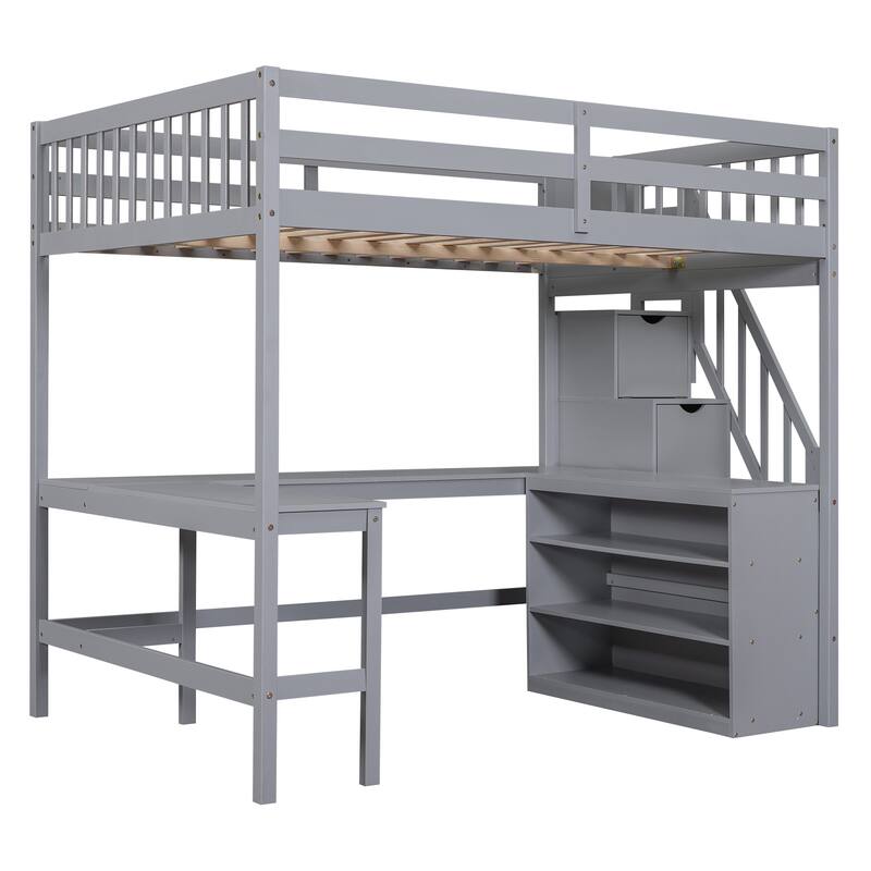 Full Size Loft Bed with L-Shaped Desk, Storage Shelves, and Staircase, Gray