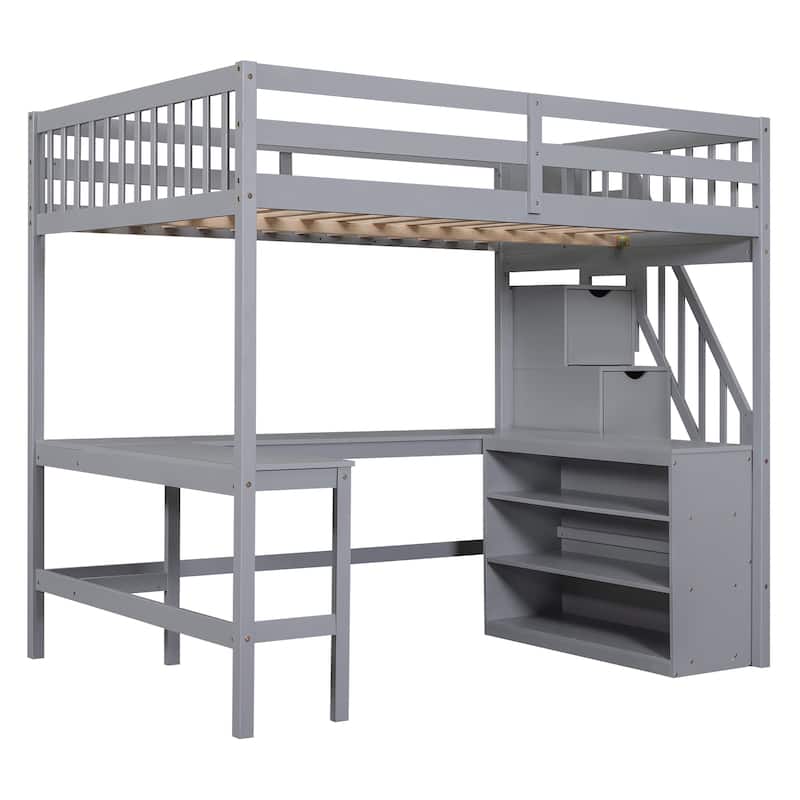 Gray Full Size Pine Wood Loft Bed with L-shaped Desk and Storage Staircase