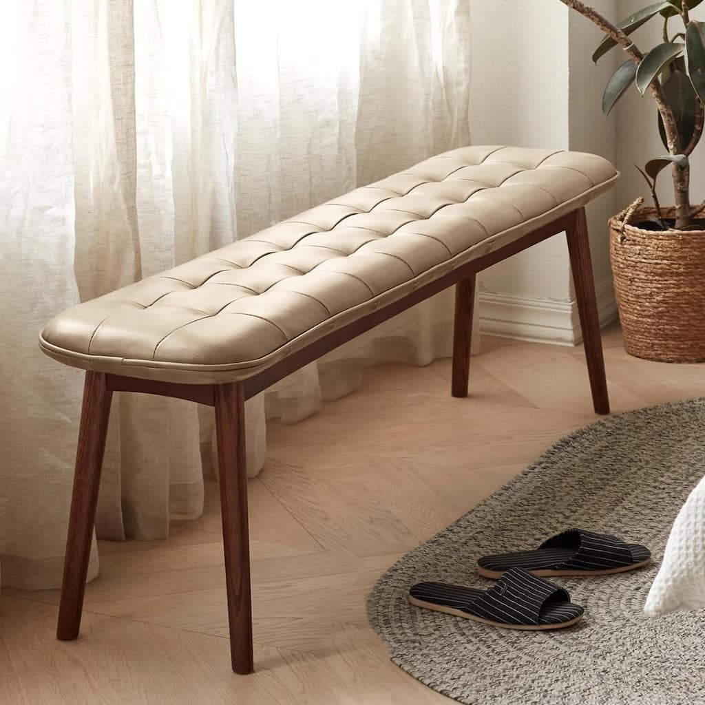 Genuine Leather Upholstered Bench - Solid Oak Frame