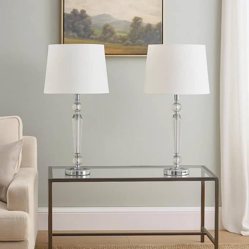 24 Inch Table Lamp Set of 2 with Glass Stands, Metal Base, Clear Finish