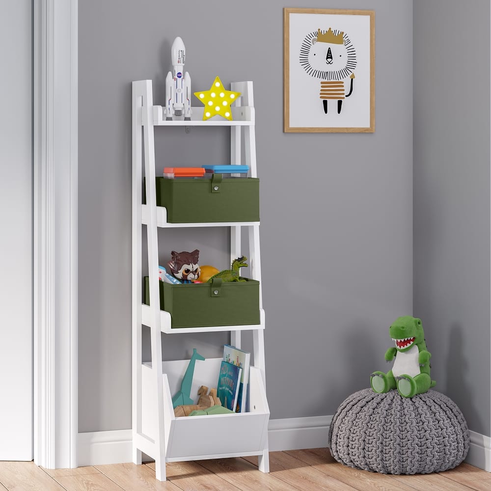RiverRidge Kids 4-Tier 13in Ladder Shelf Toy Organizer with 3 Open Display Shelves - White with Two 5" Fabric Bins