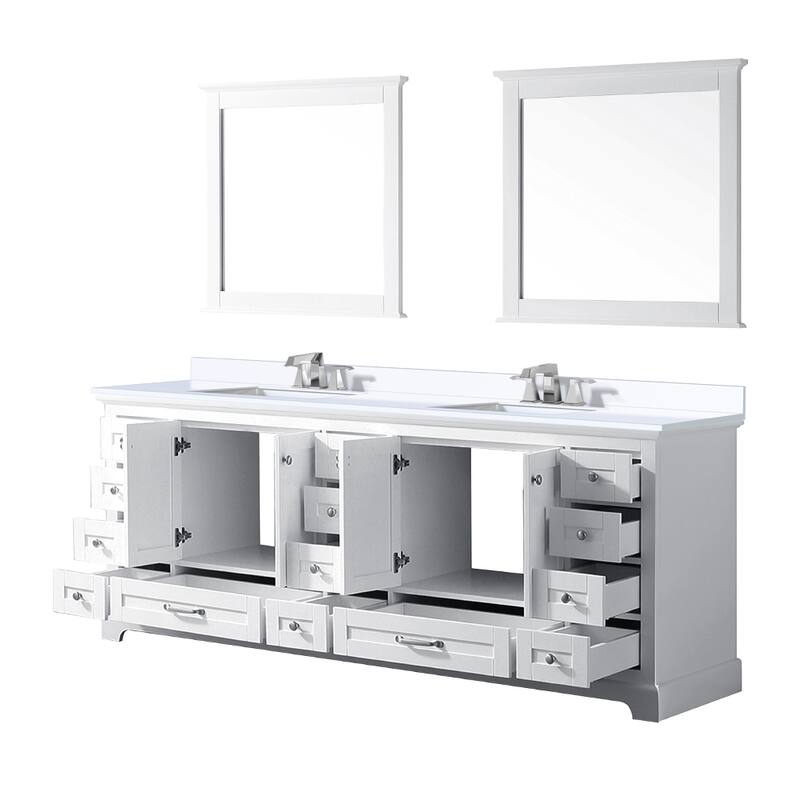 Dukes 84 in. W x 22 in. D Navy Blue Double Bath Vanity, Carrara Marble Top, Faucet Set, and 34 in. Mirrors