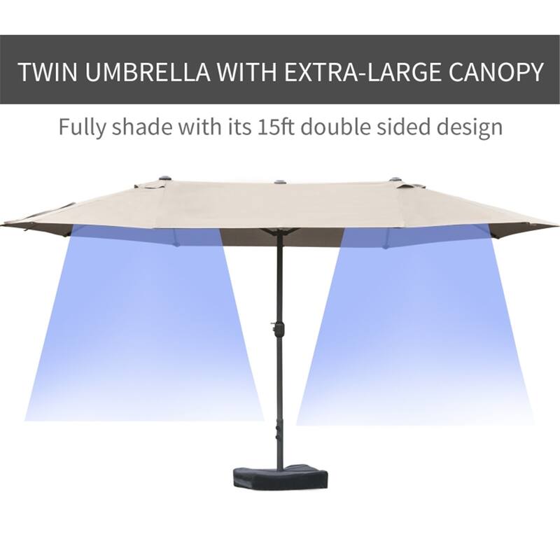 Large 15ft Outdoor Sun Umbrella with Double Canopy and 12 Steel Ribs Crank Lift for Garden or Deck