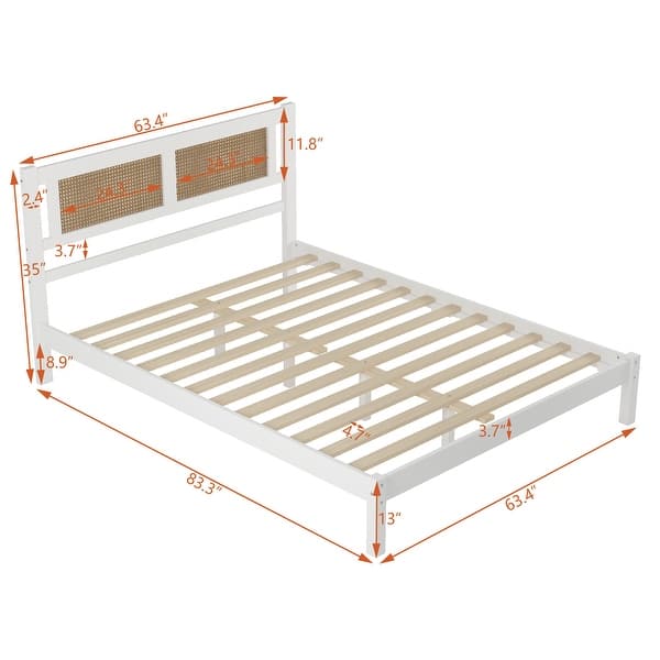 dimension image slide 0 of 2, Queen Size Wooden Platform Bed with Natural Rattan Headboard, Exquisite Elegance with Minimalist Charm for Bedroom, Black