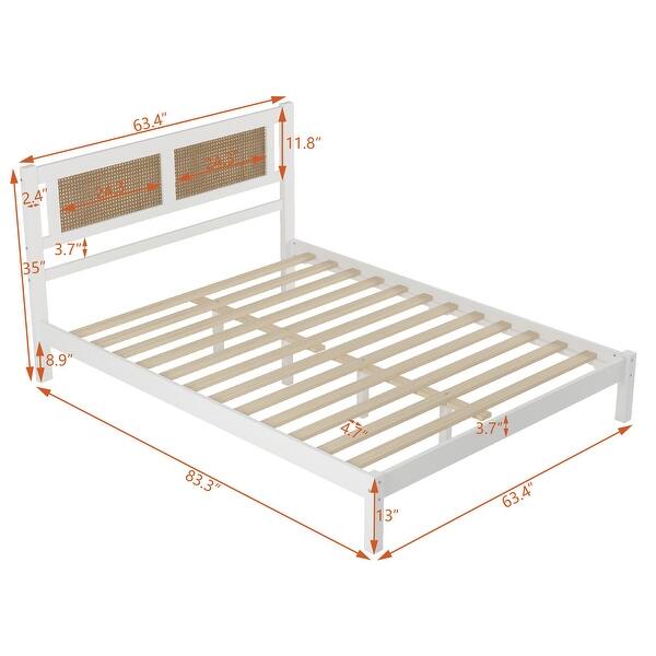 dimension image slide 3 of 6, Queen Wooden Platform Bed Set with Rattan Headboard and Matching Nightstands