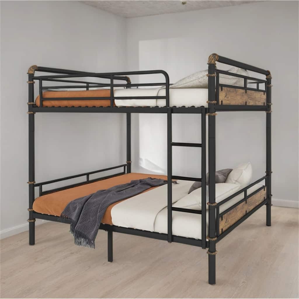 Queen over Queen Metal Bunk Bed with Guard Rails and Legs for Teens