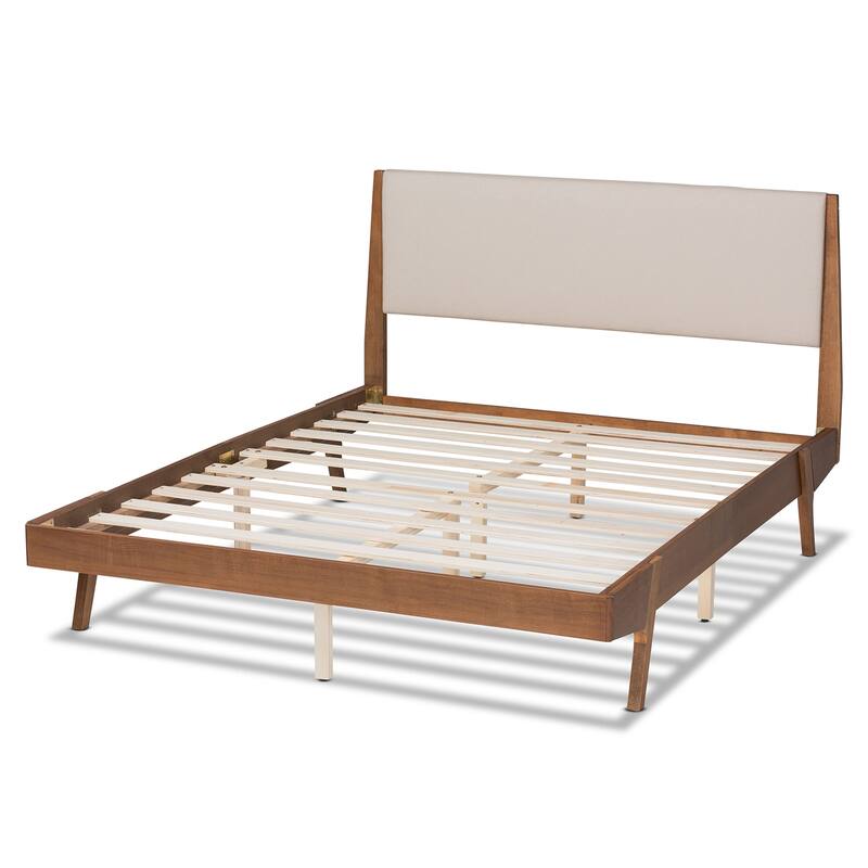 Queen Size Platform Bed with Padded Headboard - Beige Fabric & Walnut Finish - Modern Bedroom Furniture