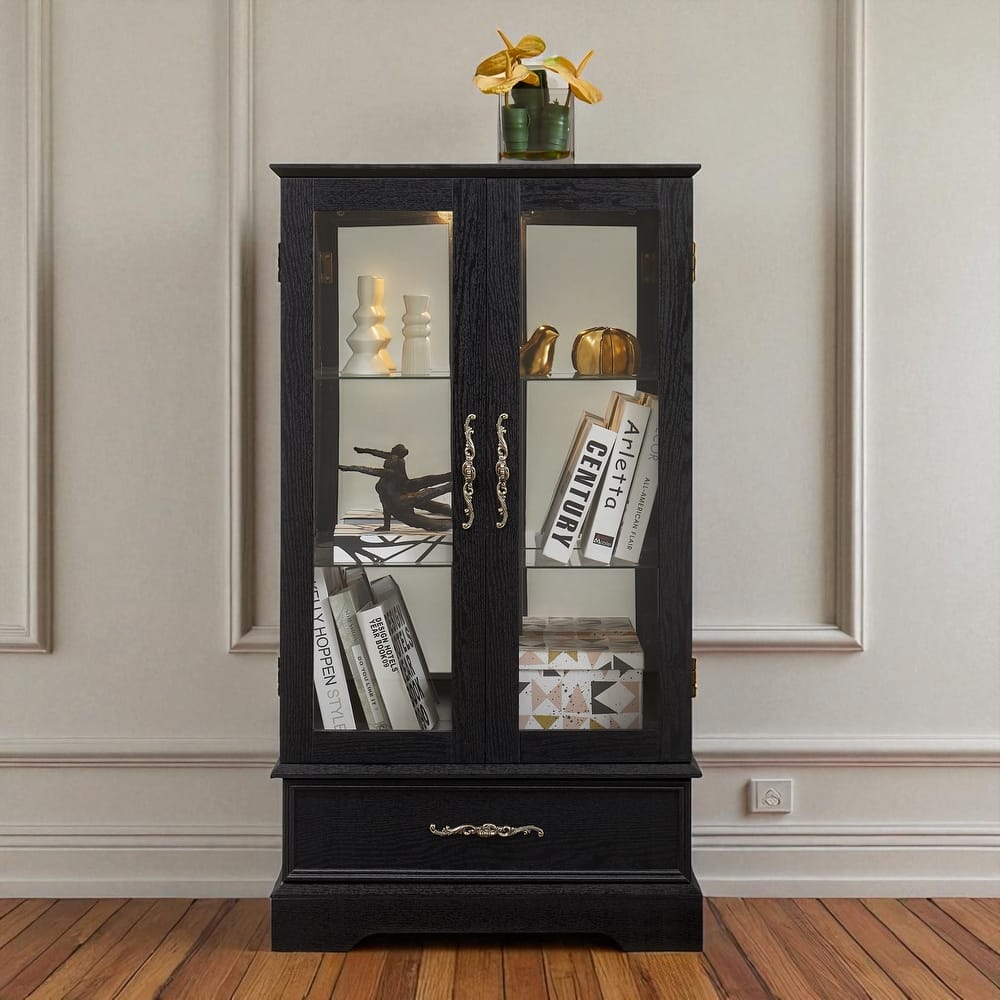 Lighted Glass Curio Cabinet with Adjustable Shelves, 2-Door Display Cabinet with Drawer and Built-in Bulb, Retro Accent Storage