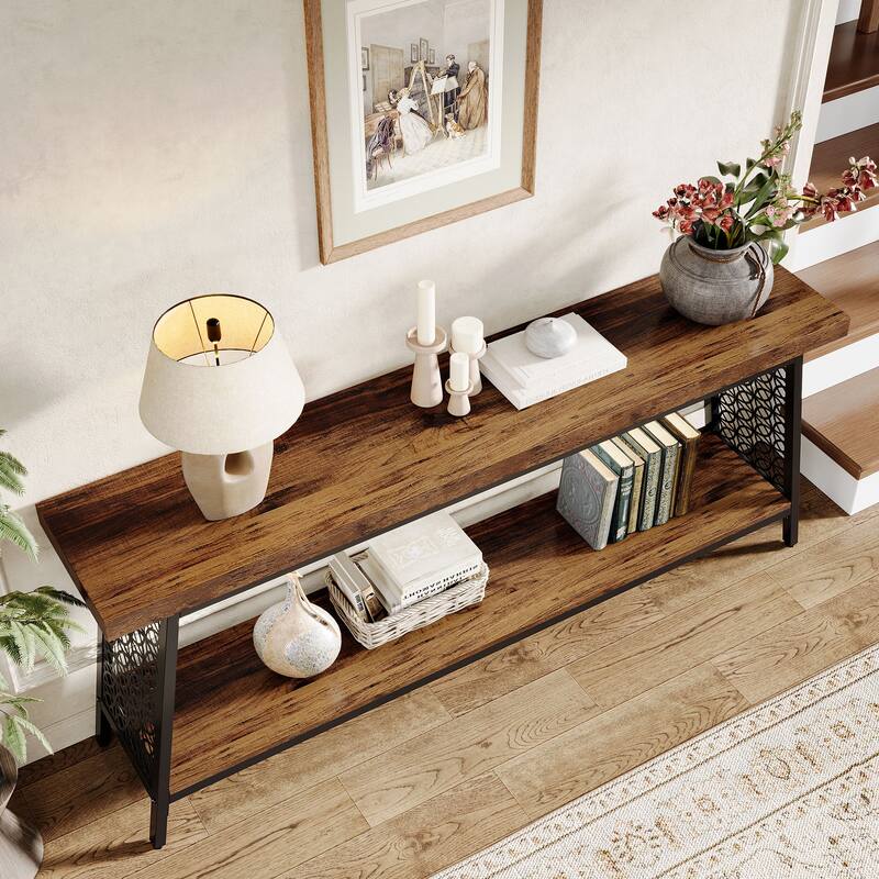 70.9" Extra Long Console Table, 2-Tier Sofa Table, Industrial Entryway Table for Living Room - Brown/Black
