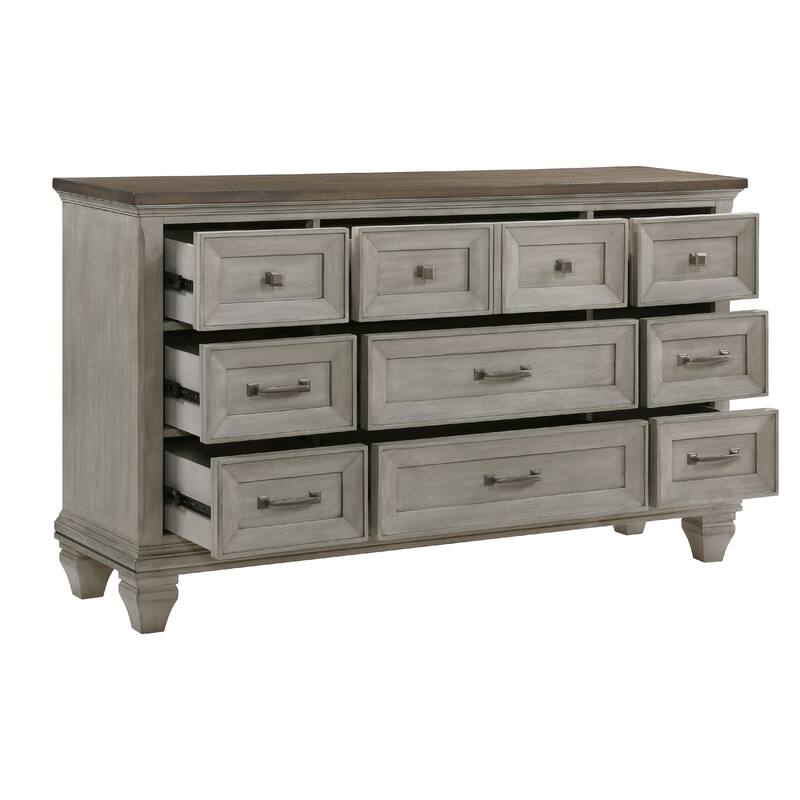 Giny Dresser, 65 Inch, 9 Drawers, Brown and Antique Gray Acacia Wood