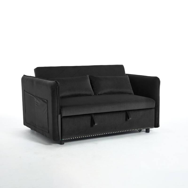 55" Velvet Convertible 3-in-1 Sleeper Sofa Bed with Reclining Backrest, Side Pockets, and 2 Pillows