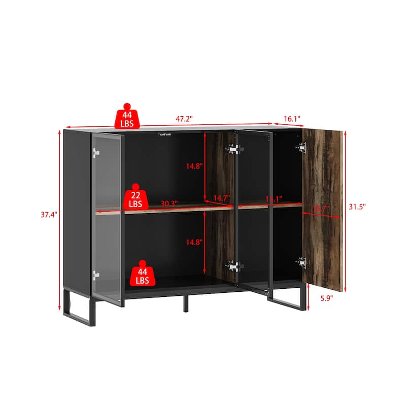 Sideboard Bookshelves Cabinet with LED Light,Glass Doors 47.2” Storage Display Cabinet - 47.2"W