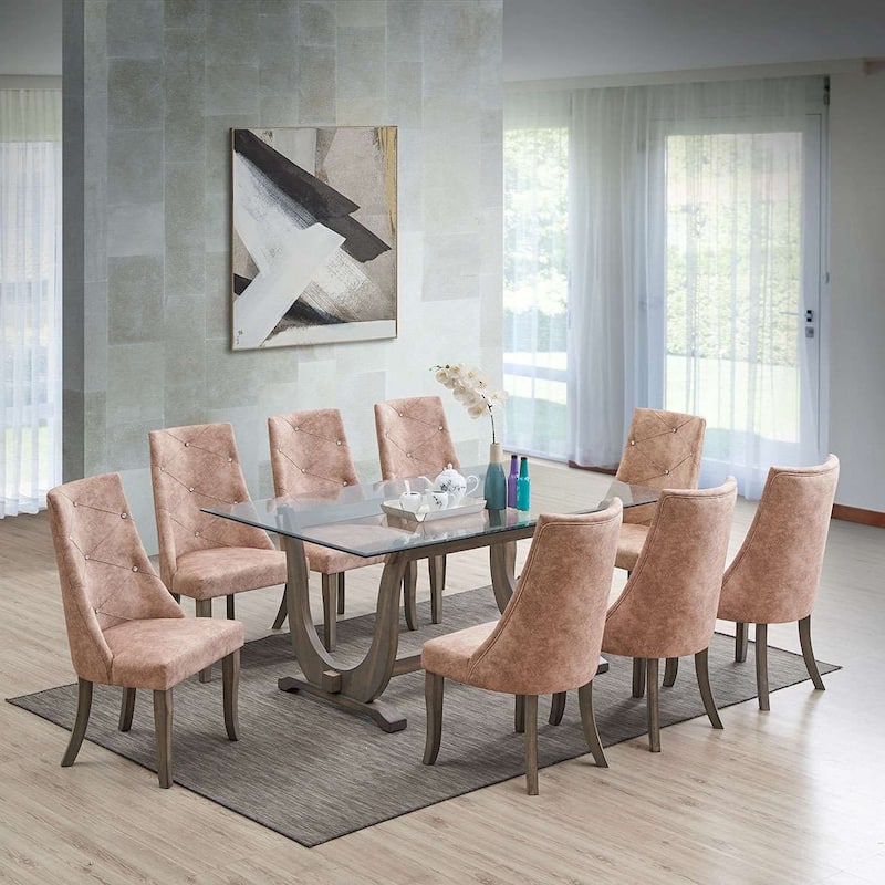 Crystal-Tufted Upholstered Fabric Dining Room Chairs, Set of 2, Light Brown
