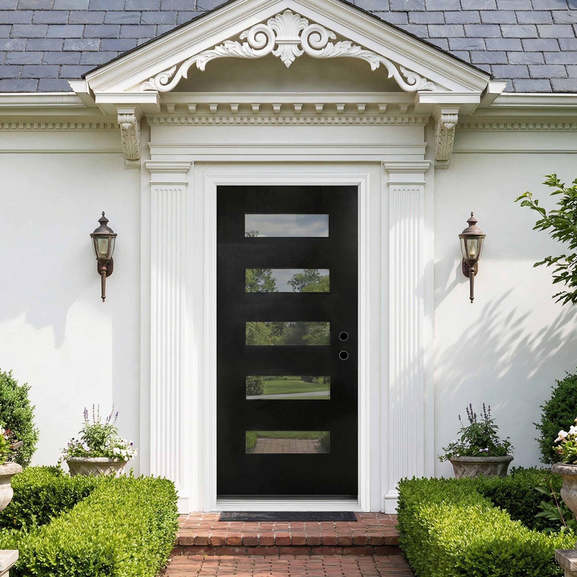 Prehung Exterior Front Door Modern Black Entry Door with 5 Horizontal Tempered Frosted Glass Panels