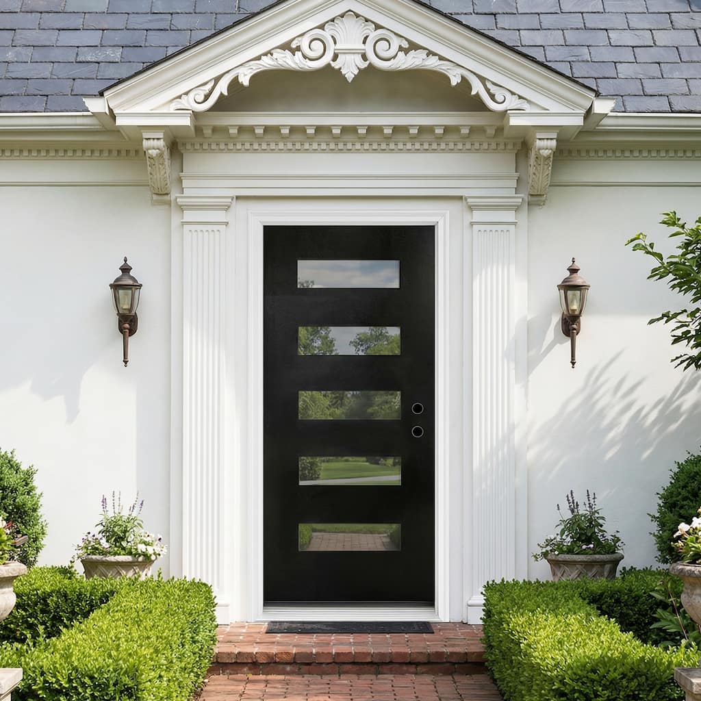 Prehung Exterior Front Door Modern Black Entry Door with 5 Horizontal Tempered Frosted Glass Panels