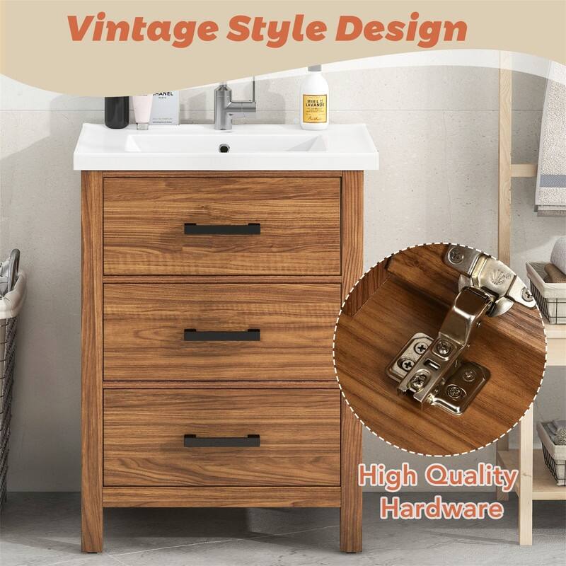 Bathroom Vanity 24 Inch, Small Bath Vanity with Sink, Modern Sink Cabinet, Free Standing Bath Vanity Combo with with 3 Drawers