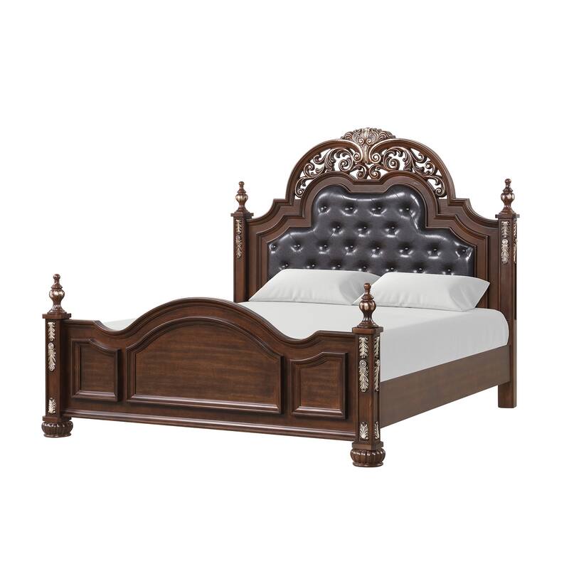 Lyon Cherry Wood Frame Faux Leather Upholstered Panel Bed