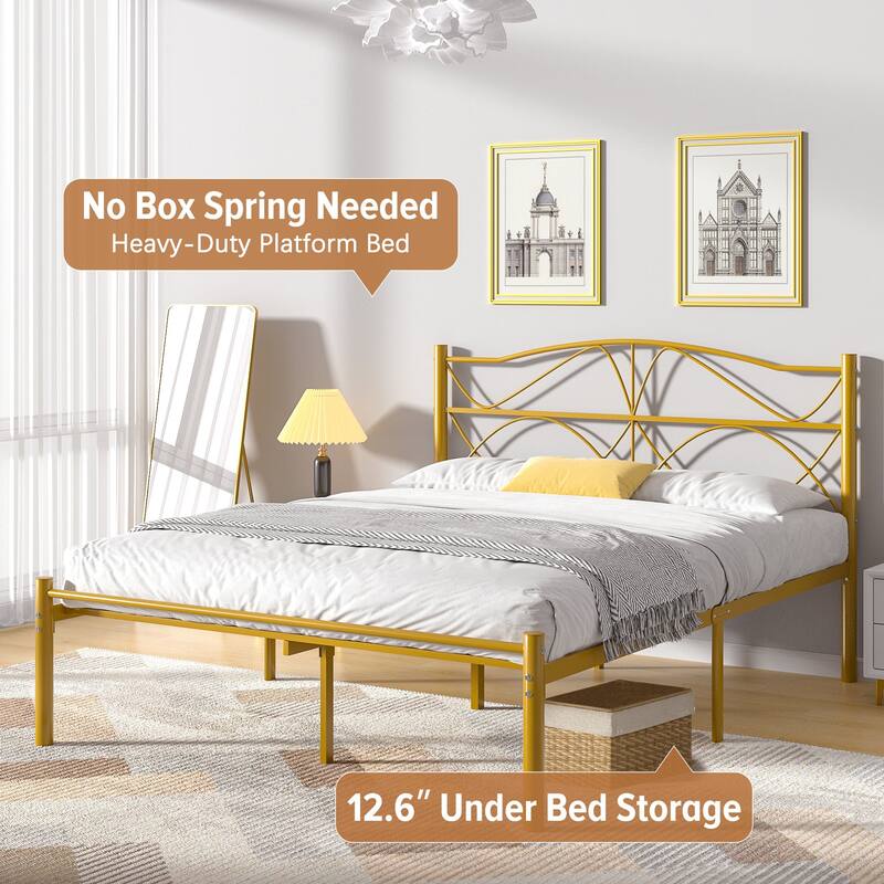 VECELO Wave Design Metal Bed Frame with 12.6" Underbed Storage High Headboard Industrial Platform Bed