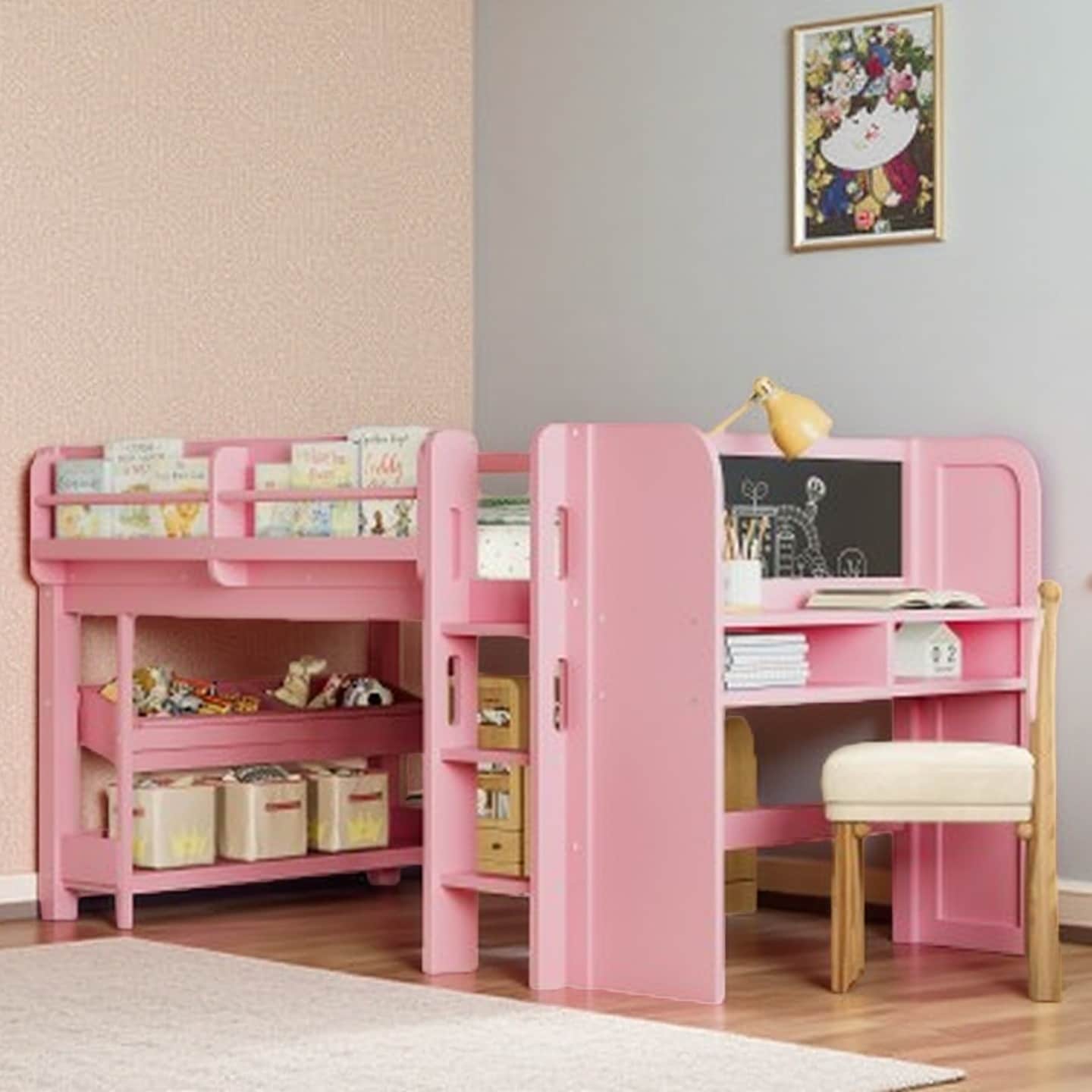 Full Size Low Loft Bed with Built-in Desk, Blackboard, Drawers, Boxes & Multi-Storage Bookcases, Solid Wood Kids Bed