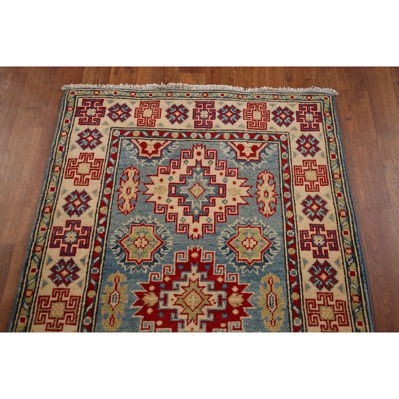 Light Blue Kazak Runner Rug Handmade Geometric Wool Carpet - 2'9" x 16'2"