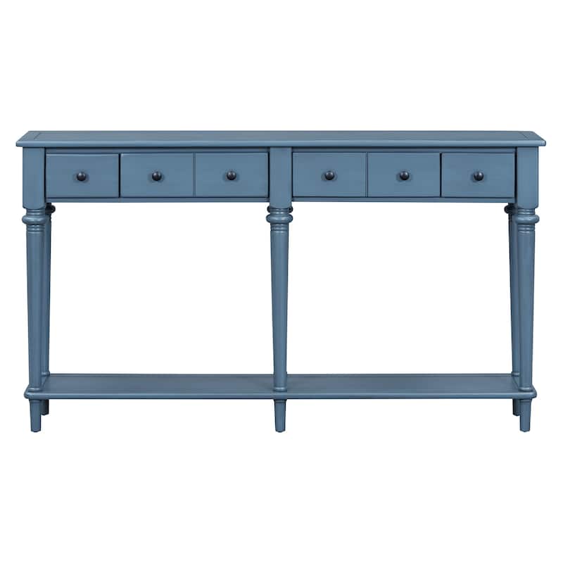 Solid Wood Entryway Table with 4 Drawers, 59.8" Retro Console Table with Open Shelf for Entryways, Living Rooms and Hallways - Navy Blue