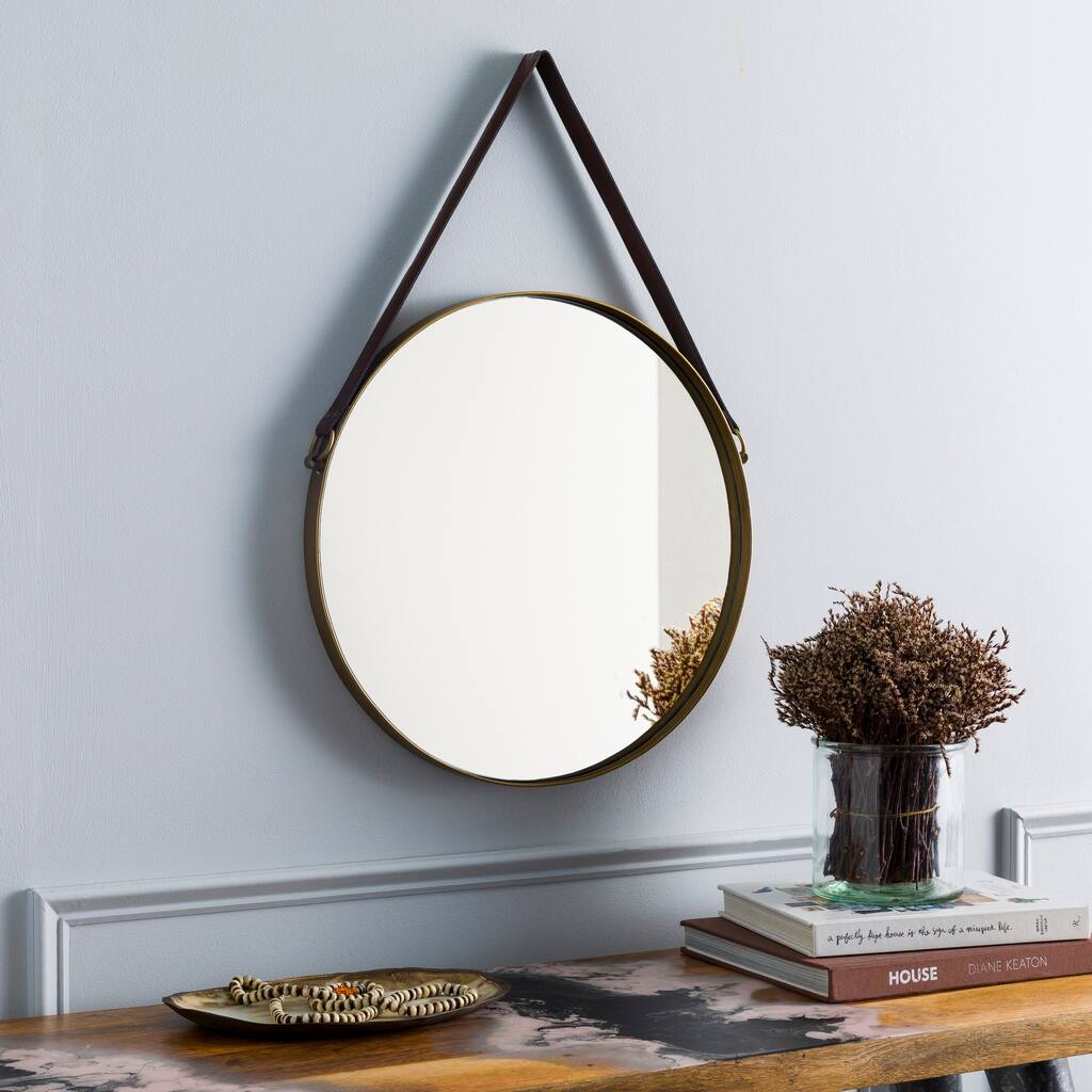Artistic Weavers Lathan Modern Hanging Round Mirror with Leather Strap - 28"H x 18"W