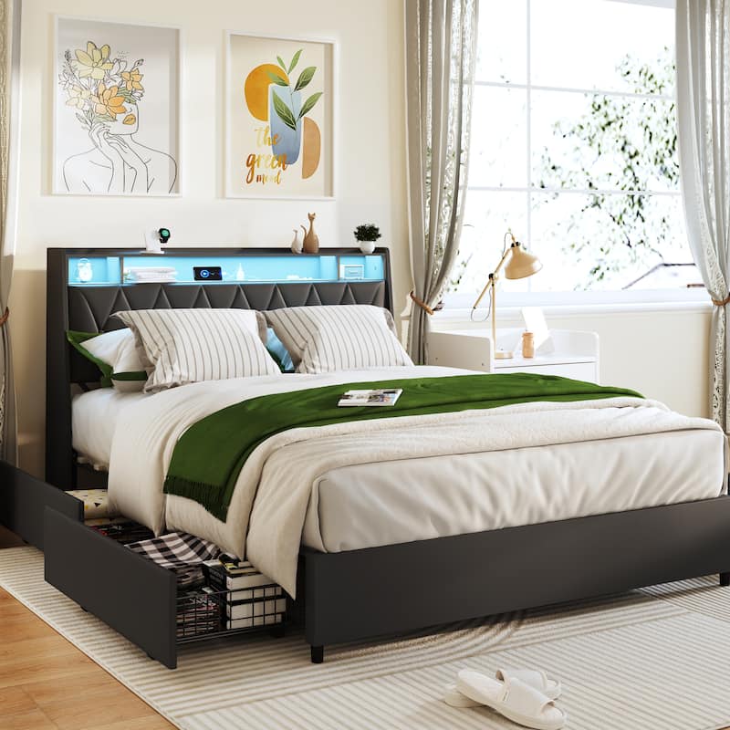 Queen Bed Frame with Ergonomic Headboard, Platform Bed Frame with Outlets & Charger & LED Light, with Storage Shelf