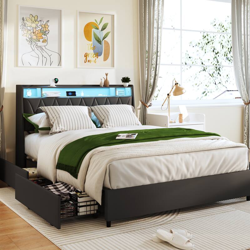 Queen LED Platform Bed Frame with USB Headboard, Charging Ports & Storage Shelf - Black - Queen
