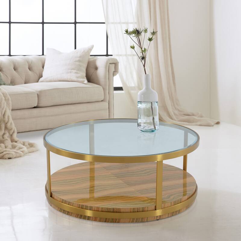 Hattie Gold Metal Glass Top 43" Round Coffee Table with Shelf - Light Brown