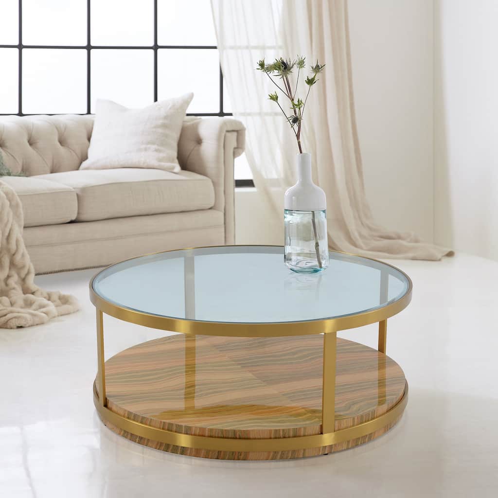 Hattie Gold Metal Glass Top 43" Round Coffee Table with Shelf