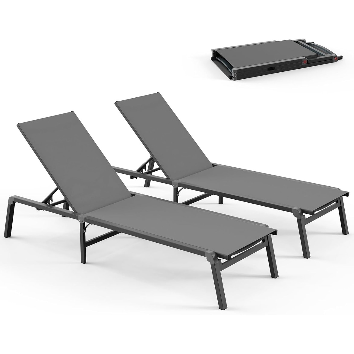 Set of 2 Foldable Aluminum Chaise Loungers with 5-Position Recliner for Poolside, Beach, Yard & Patio