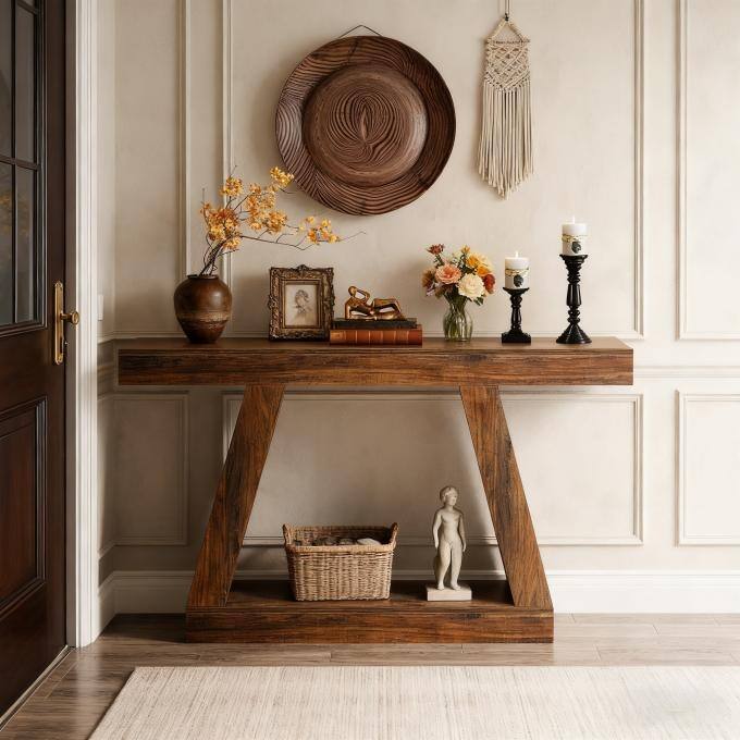55-Inch Wooden Console Table with Storage, Farmhouse Sofa Table Entryway Table for Hallway, Living Room