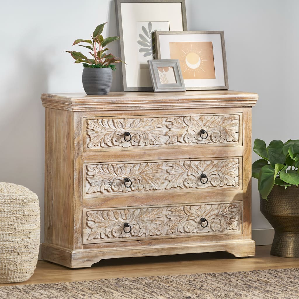 Acacia Wood 3 Drawer Dresser, 40 Inches Wide Storage Cabinet