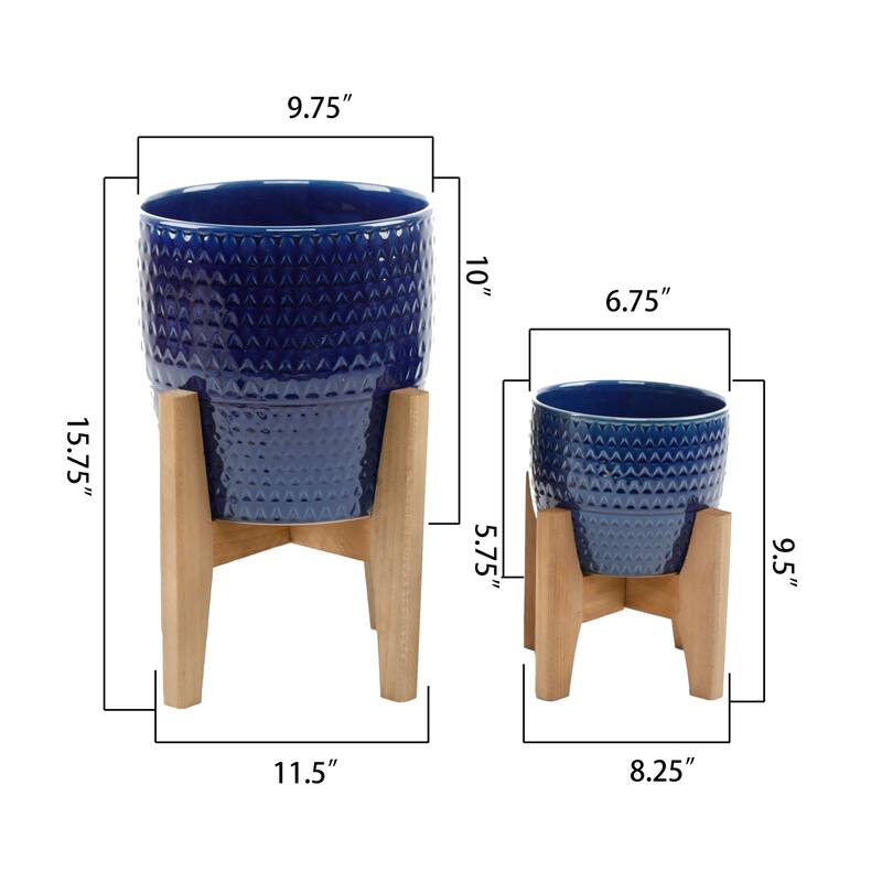 10" & 6.6" Pharaoh Ceramic Planter On Wood Stand,Set Of 2