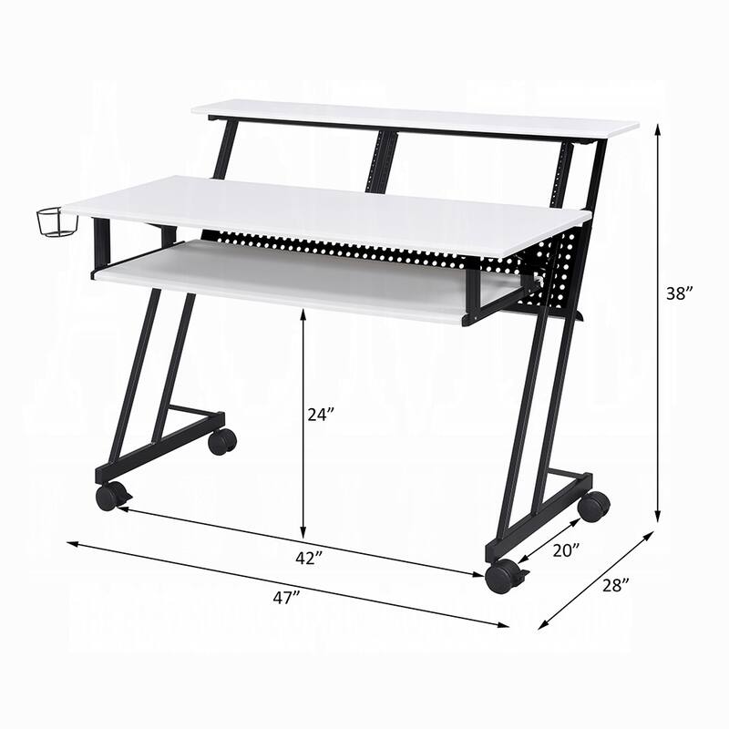Music Recording Studio Desk with Keyboard Tray, White and Black