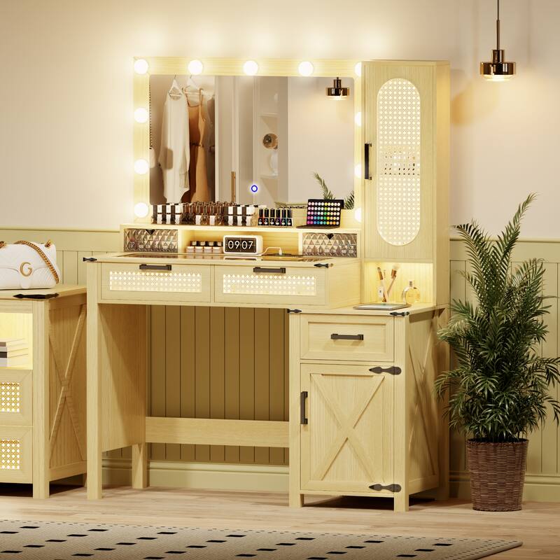 Makeup Vanity With LED Light and Charging Station - Rust