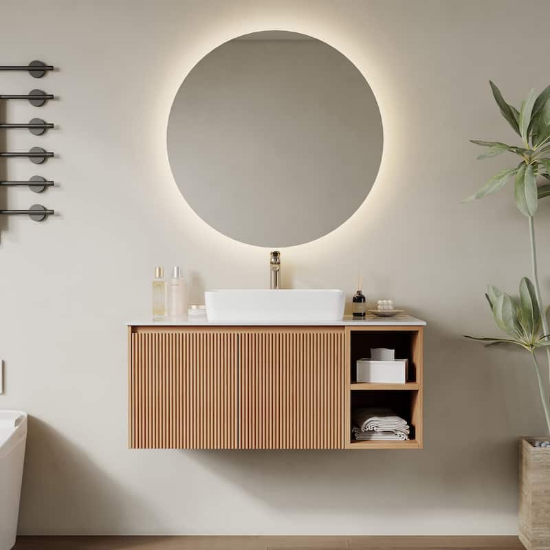 35.83'' Single Bathroom Vanity with Glossy Sintered Stone Top, Light Wood & Dark Wood
