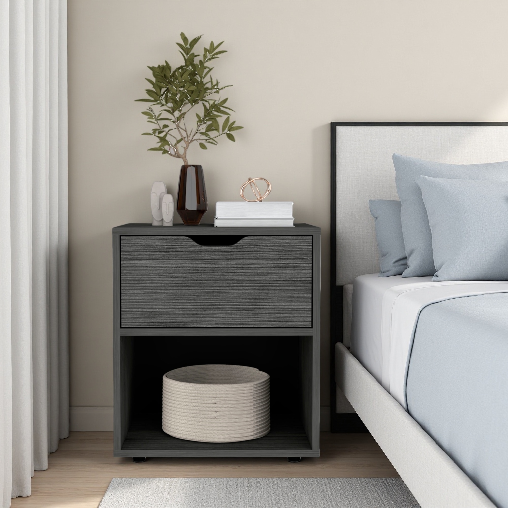17"L Laminated Particle Board Nightstand End Table with 1 Drawer and Open Shelf, Compact Design, Durable Construction