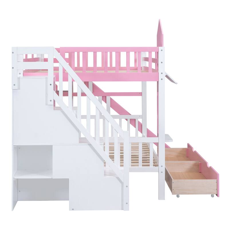 Pink Full-Over-Full Castle Bunk Bed with Drawers, Shelves, and Slide