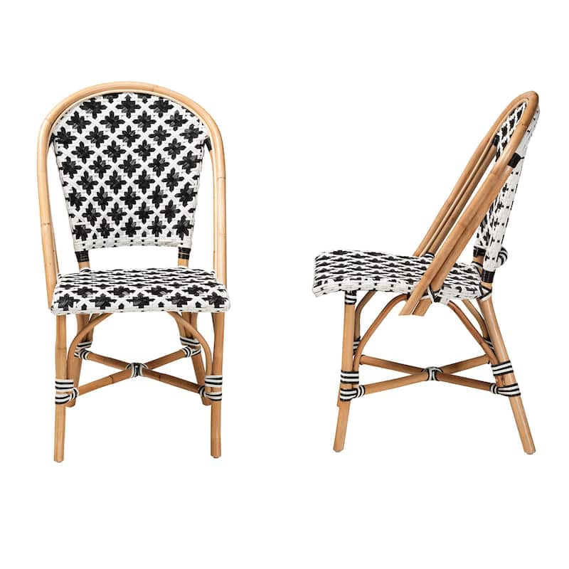 Ambre Modern French Black and White Weaving Natural Rattan 2-Piece Bistro Chair Set