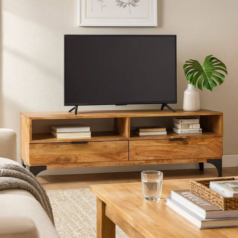 TV Stand, Brown Mango Wood, 2 Shelves and 2 Drawers, 47 Inch