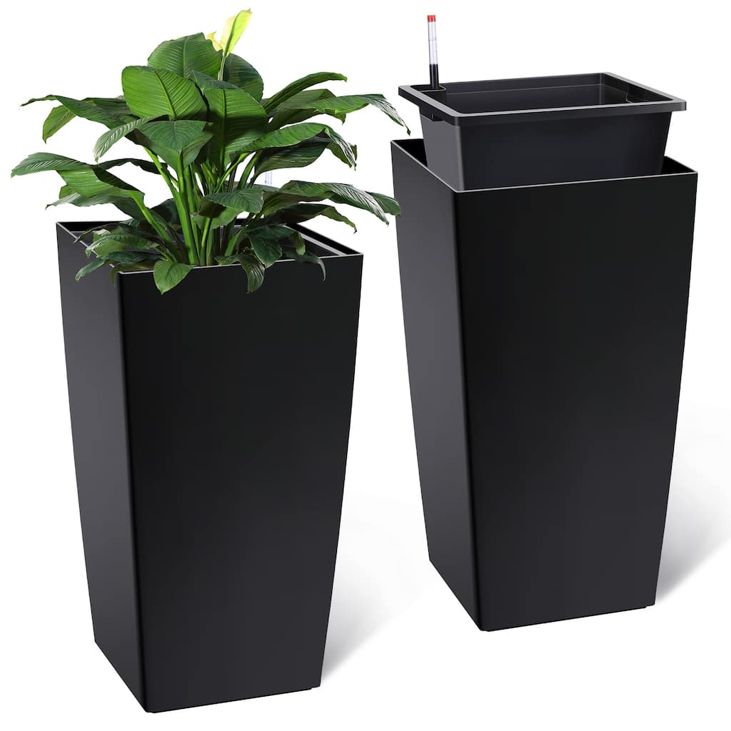 2-Pack 30Inch Tall Rectangular Planters with Drainage Holes Water Level Monitor and Wheels Black