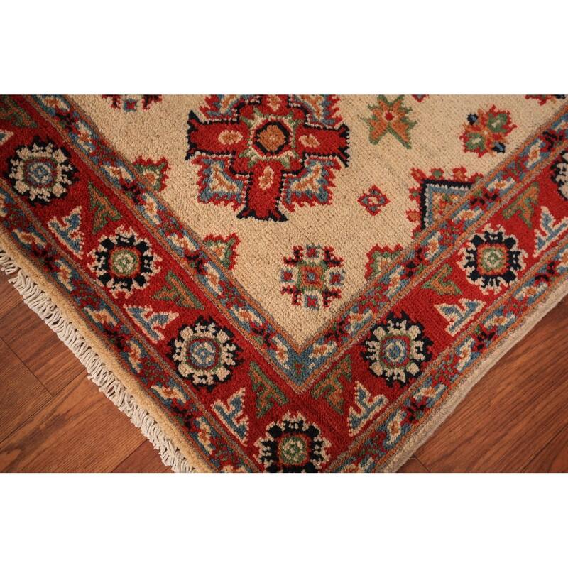 Geometric Kazak Oriental Foyer Rug Hand-Knotted Beige Wool Carpet - 2'0" x 3'0"