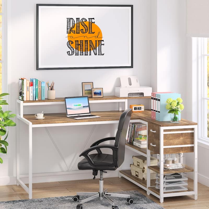Modern L Shaped Computer Desk with Drawer and storage shelf