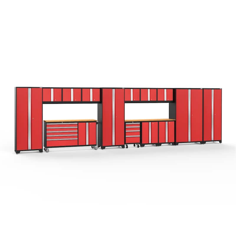 NewAge Products Bold Series 276" W x 18" D 15 Piece Garage Cabinet Set - Bamboo Top / No Slatwall - Red